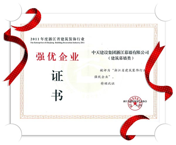 中天幕墻再獲“浙江省建筑裝飾行業強優企業”榮譽稱號